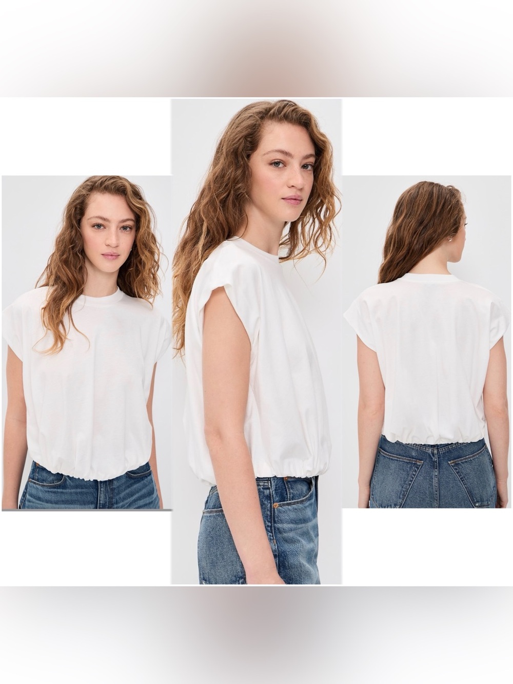 Pistola Millie Bubble White Cap-Sleeve Elastic-Hem Women’s Top